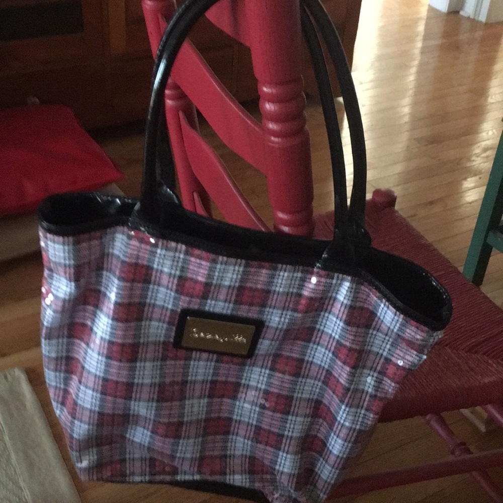 Betsey Johnson plaid red and white sequin bag